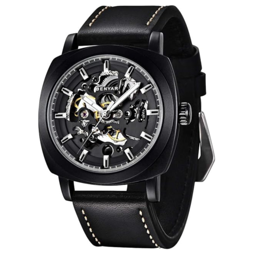 BENYAR - Mechanical Men's Automatic Watch | Montre Homme | Leather Strap | Golden Movement | 45mm Skeleton Dial | Water and Scratch Resistant Stylish