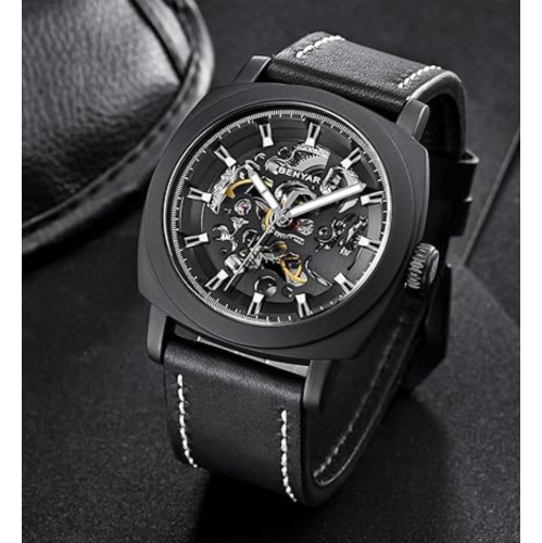 BENYAR - Mechanical Men's Automatic Watch | Montre Homme | Leather Strap | Golden Movement | 45mm Skeleton Dial | Water and Scratch Resistant Stylish