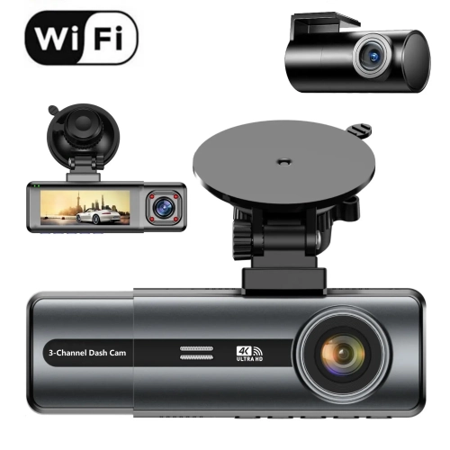 Caméra de tableau de bord Uber/Lyft 3 canaux 4K/2,5K+1080P+1080P grand-angle pour voitures avant, intérieur et arrière et carte SD 64&nbsp;Go incluse