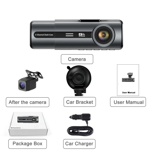 Caméra de tableau de bord Uber/Lyft 3 canaux 4K/2,5K+1080P+1080P grand-angle pour voitures avant, intérieur et arrière et carte SD 64&nbsp;Go incluse