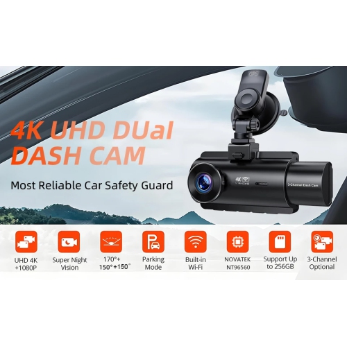 4K+1K+1K+GPS 3 Channel Dash Cam Wide Angle for Cars Front, Inside and Rear and 128 GB SD Card Included with Night Vision, Loop Recording and G-Sensor