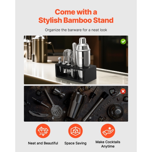 VEVOR 13-Piece Cocktail Shaker Set, Stainless Steel Bar Tools with Bamboo Stand, Martini Bartender Kit Accessories | Mixer Spoon, Muddler, Jigger,