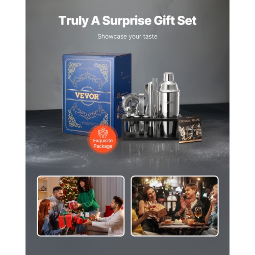 VEVOR 13-Piece Cocktail Shaker Set, Stainless Steel Bar Tools with Bamboo Stand, Martini Bartender Kit Accessories | Mixer Spoon, Muddler, Jigger,