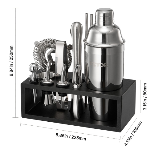VEVOR 13-Piece Cocktail Shaker Set, Stainless Steel Bar Tools with Bamboo Stand, Martini Bartender Kit Accessories | Mixer Spoon, Muddler, Jigger,