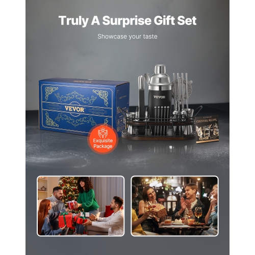 VEVOR 23-Piece Cocktail Shaker Set, Stainless Steel Bar Tools with Bamboo Stand, Martini Bartender Kit Accessories | Mixer Spoon, Muddler, Jiggers,