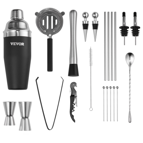 VEVOR 23-Piece Cocktail Shaker Set, Stainless Steel Bar Tools with Bamboo Stand, Martini Bartender Kit Accessories | Mixer Spoon, Muddler, Jiggers,