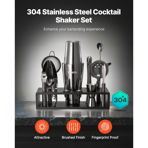 VEVOR 13-Piece Cocktail Shaker Set, Stainless Steel Bar Tools with Bamboo Stand, Boston Bartender Kit | Mixer Spoon, Muddler, Strainer, Liquor