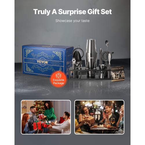 VEVOR 13-Piece Cocktail Shaker Set, Stainless Steel Bar Tools with Bamboo Stand, Boston Bartender Kit | Mixer Spoon, Muddler, Strainer, Liquor