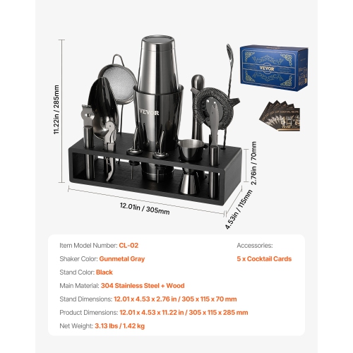 VEVOR 13-Piece Cocktail Shaker Set, Stainless Steel Bar Tools with Bamboo Stand, Boston Bartender Kit | Mixer Spoon, Muddler, Strainer, Liquor