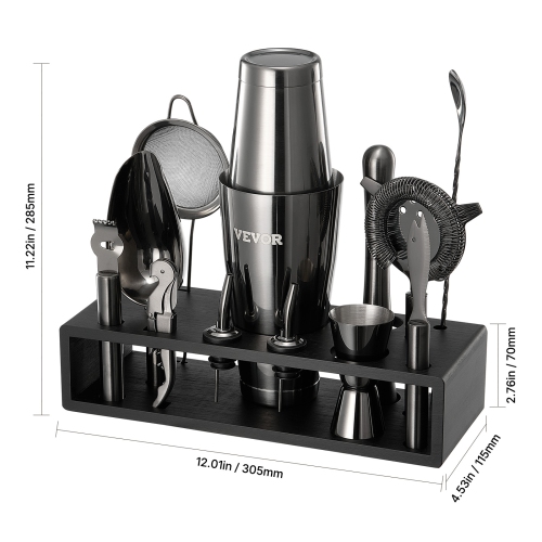 VEVOR 13-Piece Cocktail Shaker Set, Stainless Steel Bar Tools with Bamboo Stand, Boston Bartender Kit | Mixer Spoon, Muddler, Strainer, Liquor