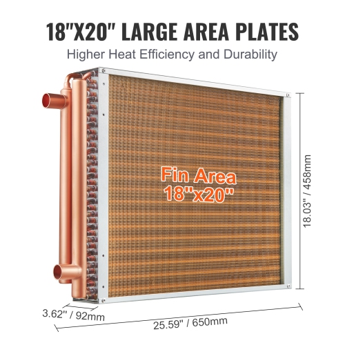 VEVOR 18"x20" Heat Exchanger Water to Air, with 3-Row 3/8" Copper Ports, 242 Aluminum Fins Heat Exchanger for Wood Furnaces, Residential Heating and