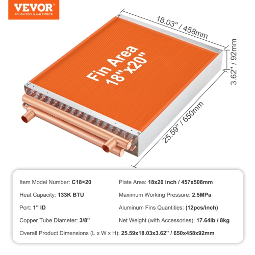 VEVOR 18"x20" Heat Exchanger Water to Air, with 3-Row 3/8" Copper Ports, 242 Aluminum Fins Heat Exchanger for Wood Furnaces, Residential Heating and