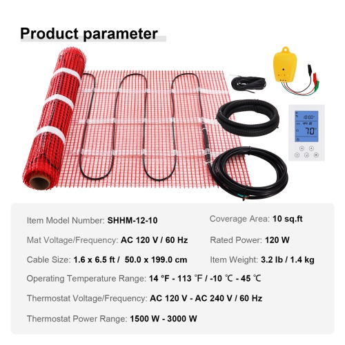 VEVOR 10 Sq.ft Floor Heating Mat, Electric Radiant In-Floor Heated Warm System with Digital Floor Sensing Thermostat, Includes Installation Monitor,