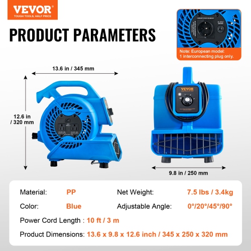 VEVOR 1360 RPM 600 CFM Floor Blower, Air Mover for Drying and Cooling, Portable Carpet Dryer Fan with 4 Blowing Angles,3-Speeds Adjustment, for