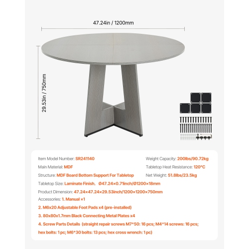 VEVOR 47 inch Round Dining Table, Wood Table for 2-4 Person, Farmhouse Circle Dinner Furniture, Rustic Leisure Tables with Thick Wooden Legs, for