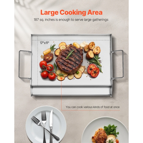 VEVOR 17x13 inch Stainless Steel Griddle, Universal Flat Top Rectangular Plate, Gas Grill Griddle for BBQ Grill, Teppanyaki, Portable Family Cookware