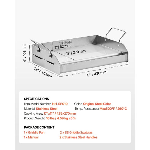 VEVOR 17x13 inch Stainless Steel Griddle, Universal Flat Top Rectangular Plate, Gas Grill Griddle for BBQ Grill, Teppanyaki, Portable Family Cookware