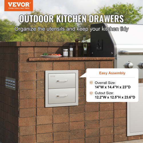 VEVOR 14W x 14.3H x 23D Inch Outdoor Kitchen Drawers,Flush Mount Double BBQ Drawers Stainless Steel with Handle, BBQ Island Drawers for Outdoor