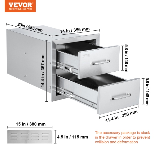 VEVOR 14W x 14.3H x 23D Inch Outdoor Kitchen Drawers,Flush Mount Double BBQ Drawers Stainless Steel with Handle, BBQ Island Drawers for Outdoor