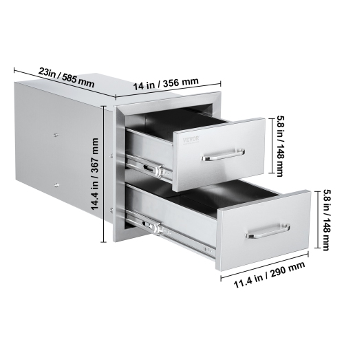 VEVOR 14W x 14.3H x 23D Inch Outdoor Kitchen Drawers,Flush Mount Double BBQ Drawers Stainless Steel with Handle, BBQ Island Drawers for Outdoor