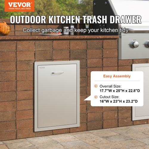 Tiroir poubelle de cuisine extérieure VEVOR de 17,7 x 22,8 x 22.6 po, poubelle de style surélevé avec plateau coulissant en acier inoxydable,