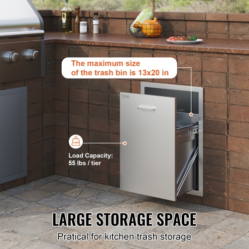 Tiroir poubelle de cuisine extérieure VEVOR de 17,7 x 22,8 x 22.6 po, poubelle de style surélevé avec plateau coulissant en acier inoxydable,