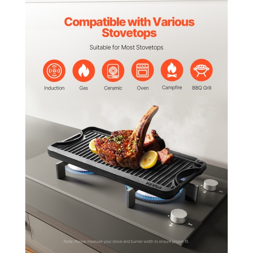 VEVOR 20x10 inch Reversible Grill/Griddle, Pre-Seasoned Cast Iron Griddle, Portable Rectangular Pan with Handle, Family Cookware for Stove Top
