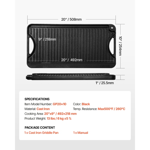 VEVOR 20x10 inch Reversible Grill/Griddle, Pre-Seasoned Cast Iron Griddle, Portable Rectangular Pan with Handle, Family Cookware for Stove Top