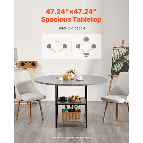 VEVOR 47 inch Round Dining Table, Wood Table for 2-4 Person, Modern Circle Dinner Furniture, Leisure Tables with Storage Shelf and Metal Legs, for