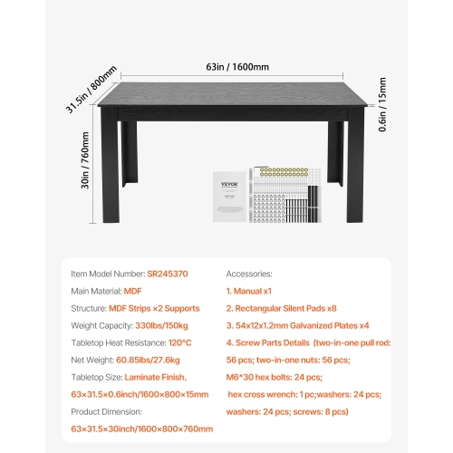 VEVOR 63 inch Length Rectangle Dining Table, Large Wood Tables for 4-6 Person, Modern Dinner Furniture, Conference Desk Supporting for 330LBS, for