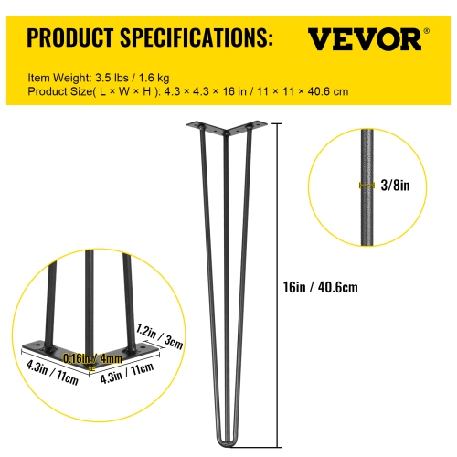 VEVOR 16" Table Legs Black Set of 4 Desk Legs 880lbs Load Capacity Hairpin Desk Legs 3 Rods for Bench Desk Dining End Table Chairs Carbon Steel DIY