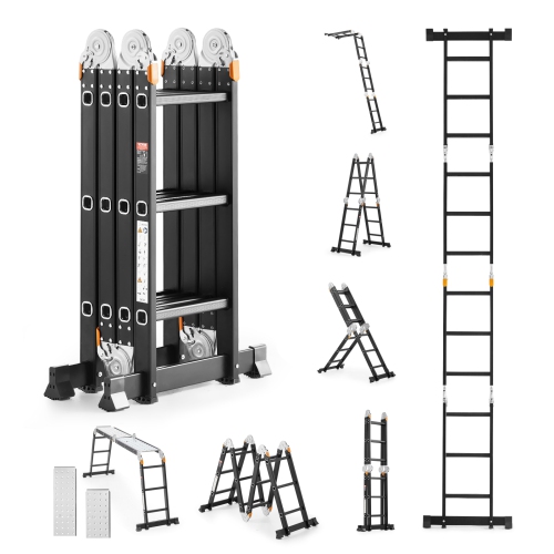 VEVOR 7-in-1 Multi-Purpose Folding Ladder,Tall Extension Step Ladder,A Frame 3 Step with Scaffolding Plank Telescoping Ladder,12ft Reach Height Heavy