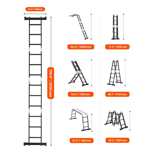 Échelle pliante tout usage 7-en-1 VEVOR, grande échelle à coulisse, cadre En A, échelle à 3 marches avec échelle télescopique plane d'échafaudage,