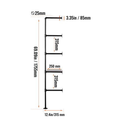 VEVOR 5 Tier 2PCS Industrial Pipe Shelf, 9.84in Applicable Board Width Wall-Mount Floating Rustic Wood Shelves Bracket Bookshelf,Storage Holder for