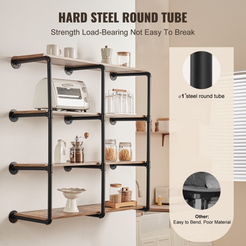 VEVOR 4 Tier 3PCS Industrial Pipe Shelf, 11.8in Applicable Board Width Wall-Mount Floating Rustic Wood Shelves Bracket Bookshelf,Storage Holder for
