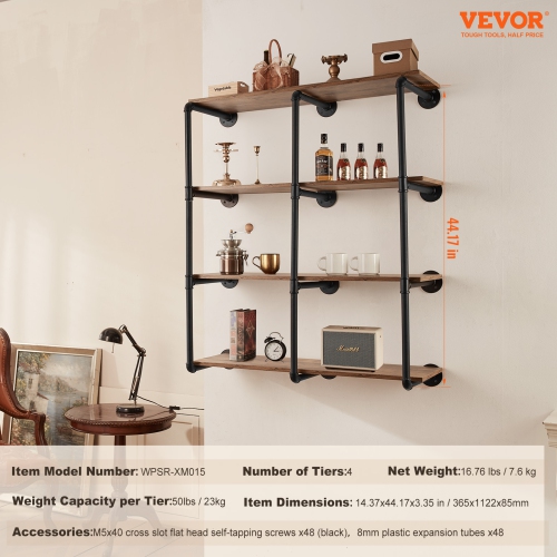 VEVOR 4 Tier 3PCS Industrial Pipe Shelf, 11.8in Applicable Board Width Wall-Mount Floating Rustic Wood Shelves Bracket Bookshelf,Storage Holder for
