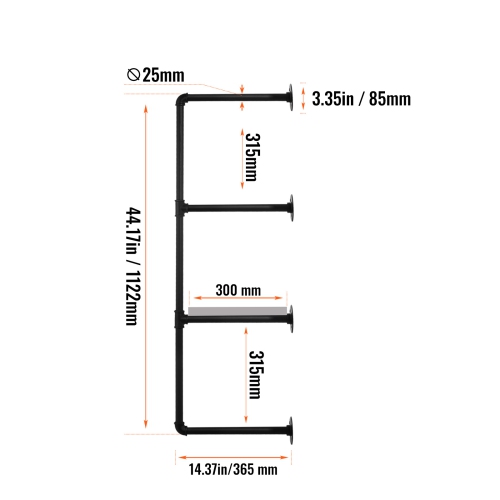 VEVOR 4 Tier 3PCS Industrial Pipe Shelf, 11.8in Applicable Board Width Wall-Mount Floating Rustic Wood Shelves Bracket Bookshelf,Storage Holder for