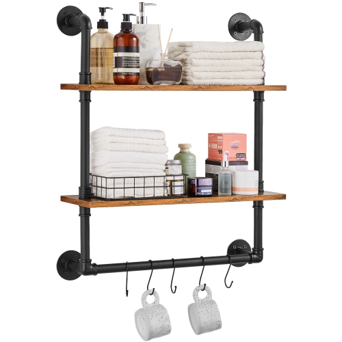 Image 1 of 9.. VEVOR 2 Tier Industrial Pipe Shelf, 24x7.87in, Wall-Mount Floating Rustic Wood Shelves Bracket Display Bookshelf, Storage Rack Sundries Holder for