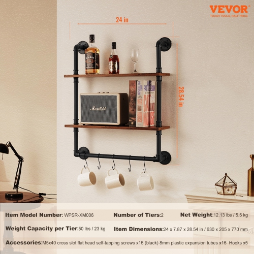 VEVOR 2 Tier Industrial Pipe Shelf, 24x7.87in, Wall-Mount Floating Rustic Wood Shelves Bracket Display Bookshelf, Storage Rack Sundries Holder for