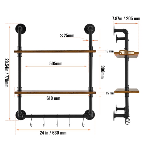 VEVOR 2 Tier Industrial Pipe Shelf, 24x7.87in, Wall-Mount Floating Rustic Wood Shelves Bracket Display Bookshelf, Storage Rack Sundries Holder for