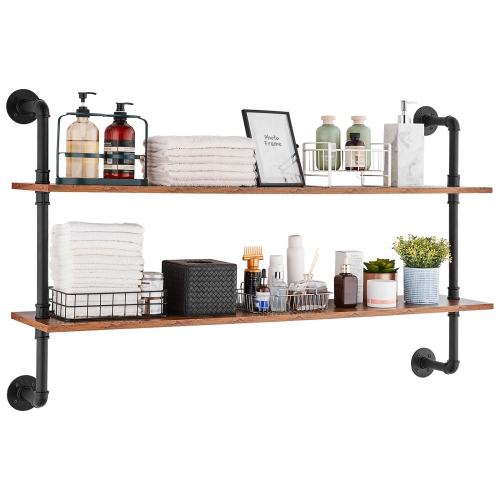 Image 1 of 9.. VEVOR 2 Tier Industrial Pipe Shelf, 48x 9.84in, Wall-Mount Floating Rustic Wood Shelves Bracket Display Bookshelf, Storage Rack Sundries Holder for