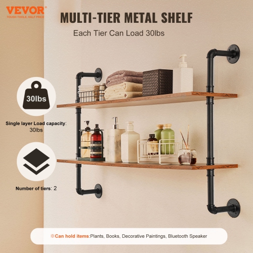 VEVOR 2 Tier Industrial Pipe Shelf, 48x 9.84in, Wall-Mount Floating Rustic Wood Shelves Bracket Display Bookshelf, Storage Rack Sundries Holder for