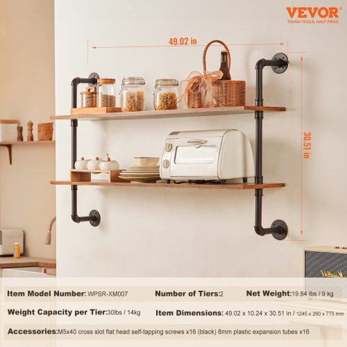 VEVOR 2 Tier Industrial Pipe Shelf, 48x 9.84in, Wall-Mount Floating Rustic Wood Shelves Bracket Display Bookshelf, Storage Rack Sundries Holder for