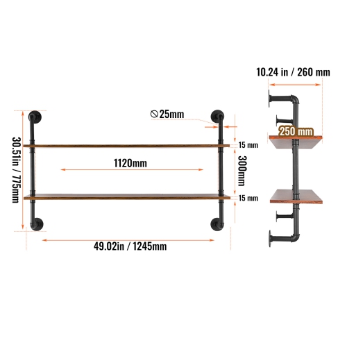 VEVOR 2 Tier Industrial Pipe Shelf, 48x 9.84in, Wall-Mount Floating Rustic Wood Shelves Bracket Display Bookshelf, Storage Rack Sundries Holder for