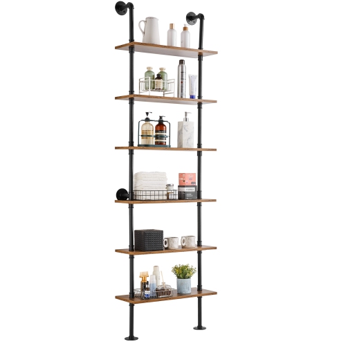 Image 1 of 9.. VEVOR 6 Tier Industrial Pipe Shelf, 24x9.84in, Wall-Mount Floating Rustic Wood Shelves Bracket Display Bookshelf, Storage Rack Sundries Holder for