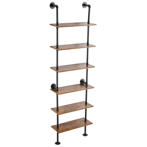VEVOR 6 Tier Industrial Pipe Shelf, 24x9.84in, Wall-Mount Floating Rustic Wood Shelves Bracket Display Bookshelf, Storage Rack Sundries Holder for