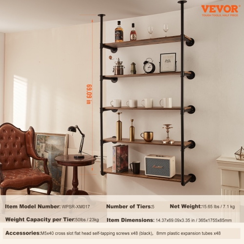 VEVOR 5 Tier 2PCS Industrial Pipe Shelf, 11.8in Applicable Board Width Wall-Mount Floating Rustic Wood Shelves Bracket Bookshelf,Storage Holder for