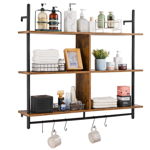 Image 1 of 9.. VEVOR 3 Tier Industrial Pipe Shelf, 41.5x9.84in, Wall-Mount Floating Rustic Wood Shelves Bracket Display Bookshelf, Storage Rack Sundries Holder for