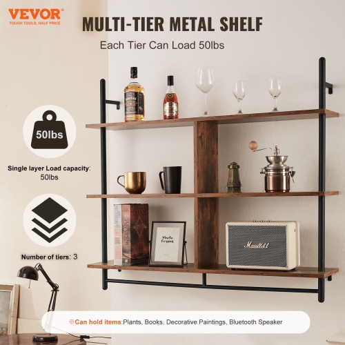 VEVOR 3 Tier Industrial Pipe Shelf, 41.5x9.84in, Wall-Mount Floating Rustic Wood Shelves Bracket Display Bookshelf, Storage Rack Sundries Holder for
