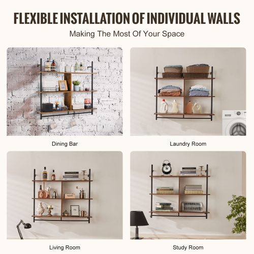 VEVOR 3 Tier Industrial Pipe Shelf, 41.5x9.84in, Wall-Mount Floating Rustic Wood Shelves Bracket Display Bookshelf, Storage Rack Sundries Holder for